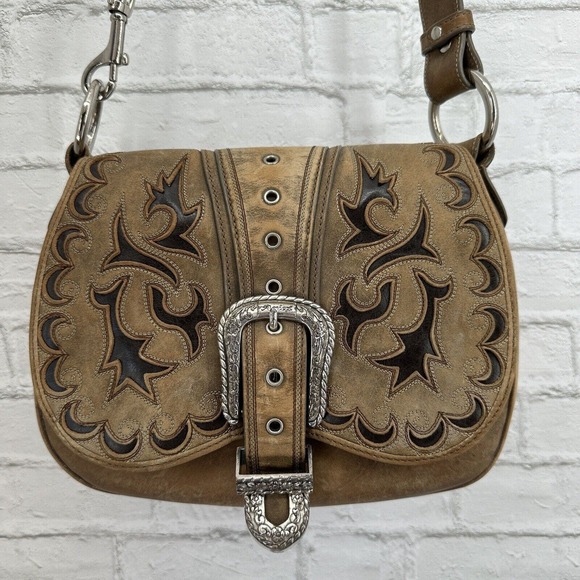 Ariat Handbags - Ariat Brown Leather Handbag Shoulder Bag Purse Medium Size Pockets Chrome Buckle